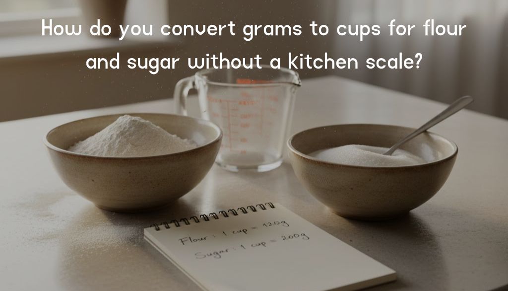How do you convert grams to cups for flour and sugar without a kitchen scale?